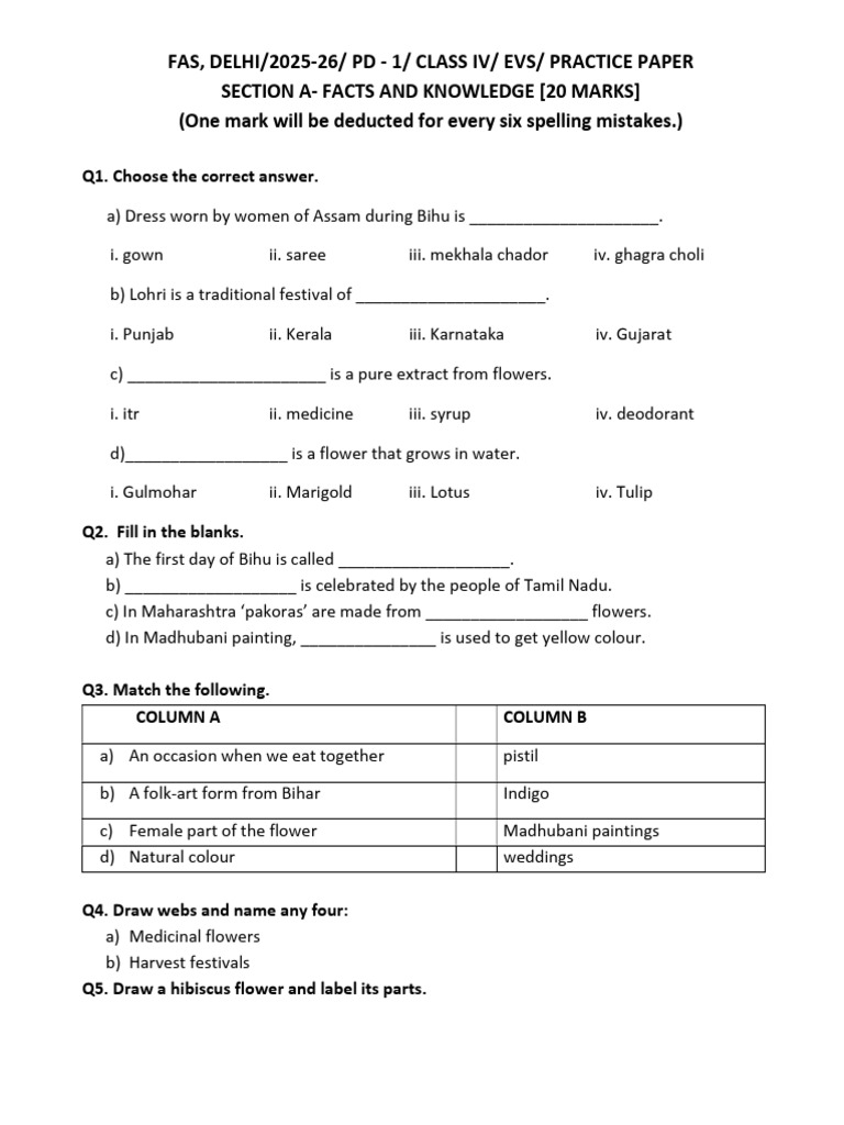Class IV EVS Practice Paper 2025-26 | PDF