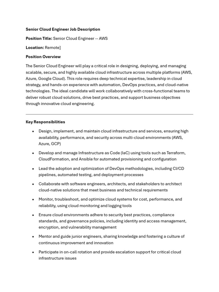 Senior Cloud Engineer Role Overview | PDF | Cloud Computing | Microsoft ...