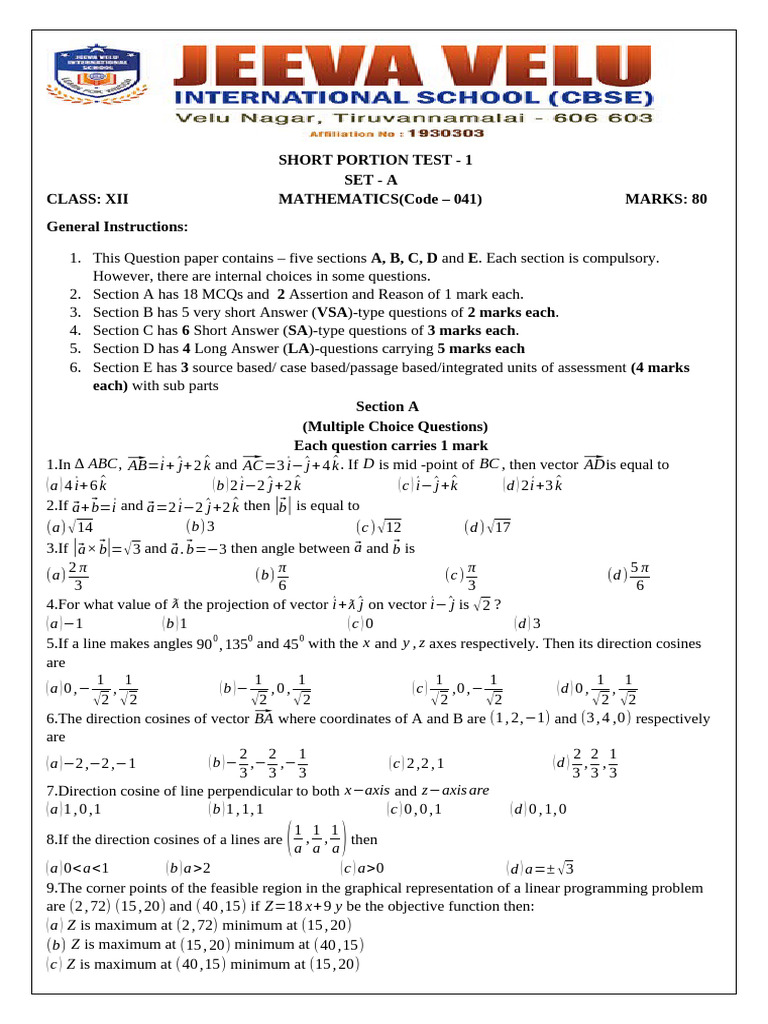 Class XII Mathematics MCQ Test Set A | PDF | Euclidean Vector | Linear ...