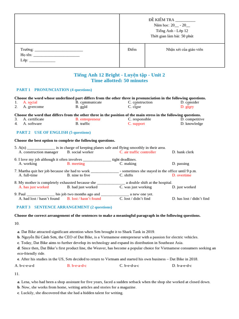 English Test for 12th Grade Students | PDF