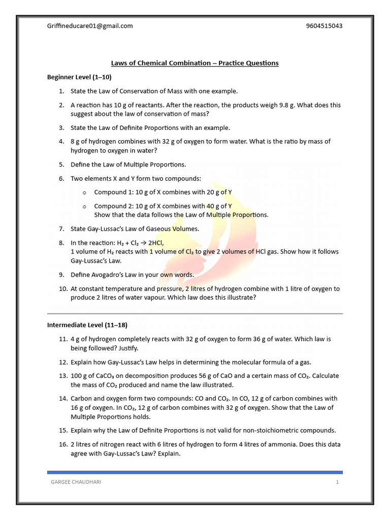 Chemical Combination Laws Practice Questions | PDF | Gases | Mole (Unit)