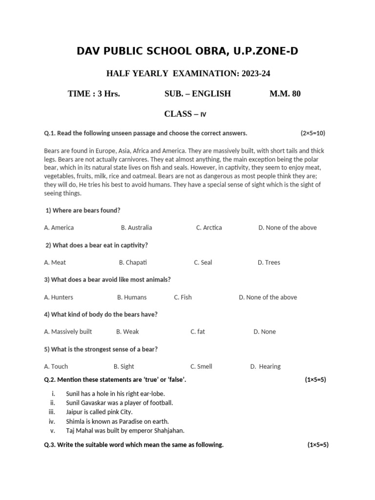 Class IV English Half-Yearly Exam 2023-24 | PDF | Bears