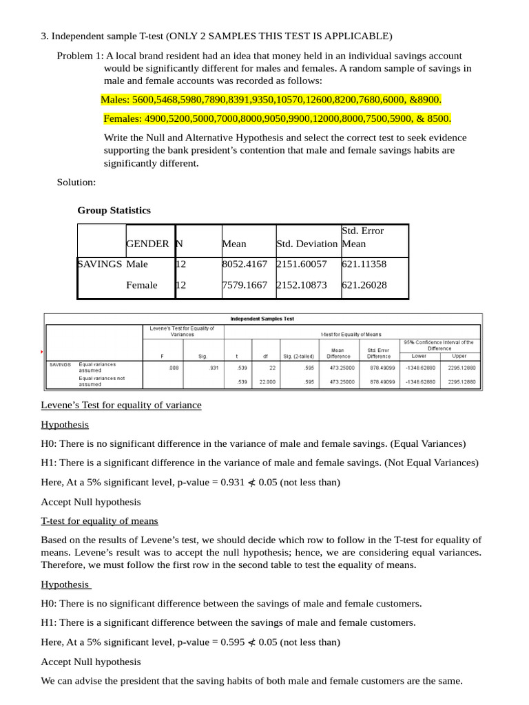 T-Test and Factor Analysis for Savings Data | PDF | Student's T Test ...