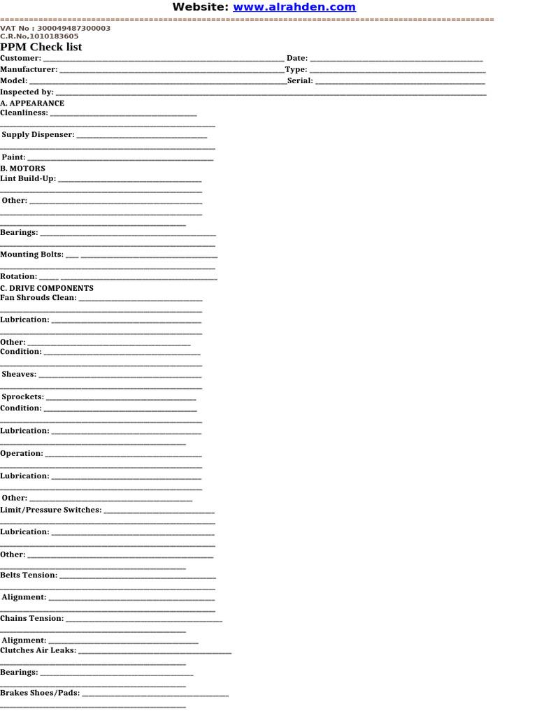 PPM Maintenance Checklist Template | PDF | Valve | Bearing (Mechanical)