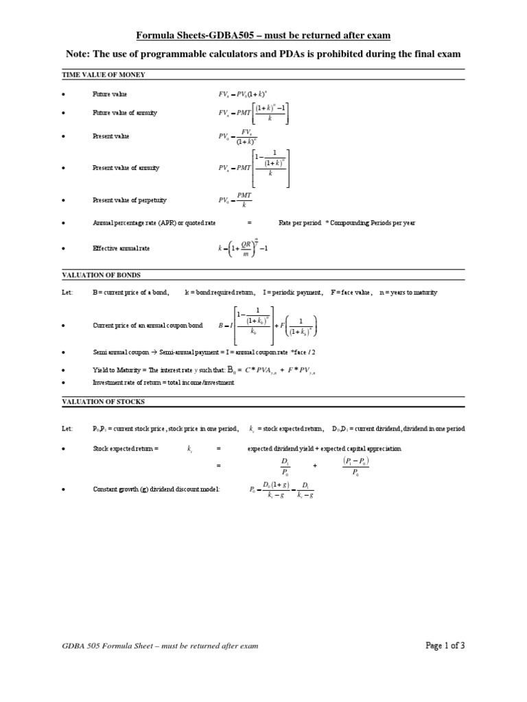 GDBA 505 Formula Sheet Overview | PDF | Internal Rate Of Return ...