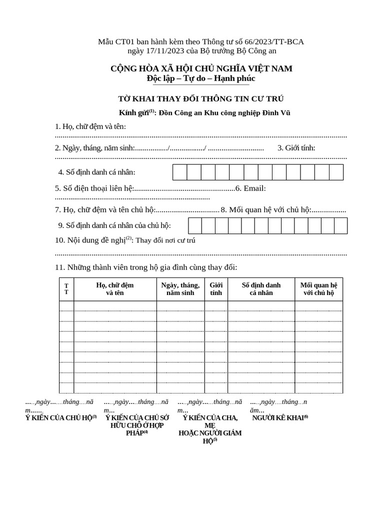 Mẫu CT01 Thay Đổi Thông Tin Cư Trú | PDF