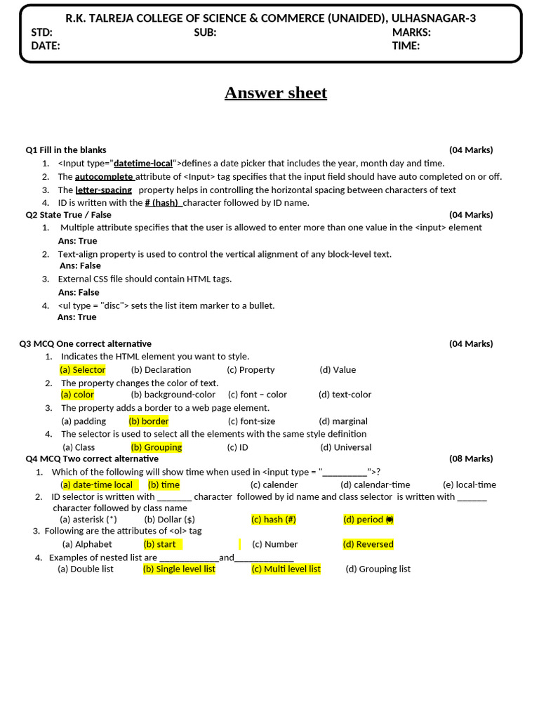 HTML and CSS Basics Answer Sheet | PDF | Html | World Wide Web