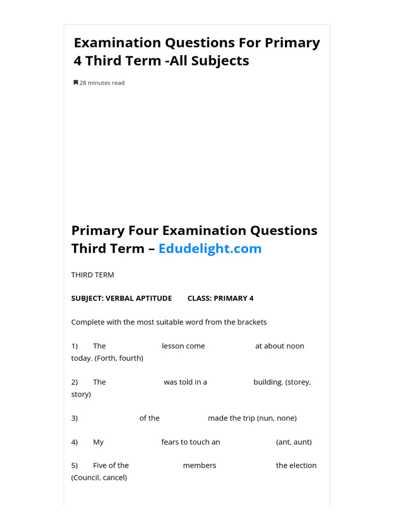 Primary 4 Third Term Exam Questions | PDF | Seam (Sewing) | Paul The ...