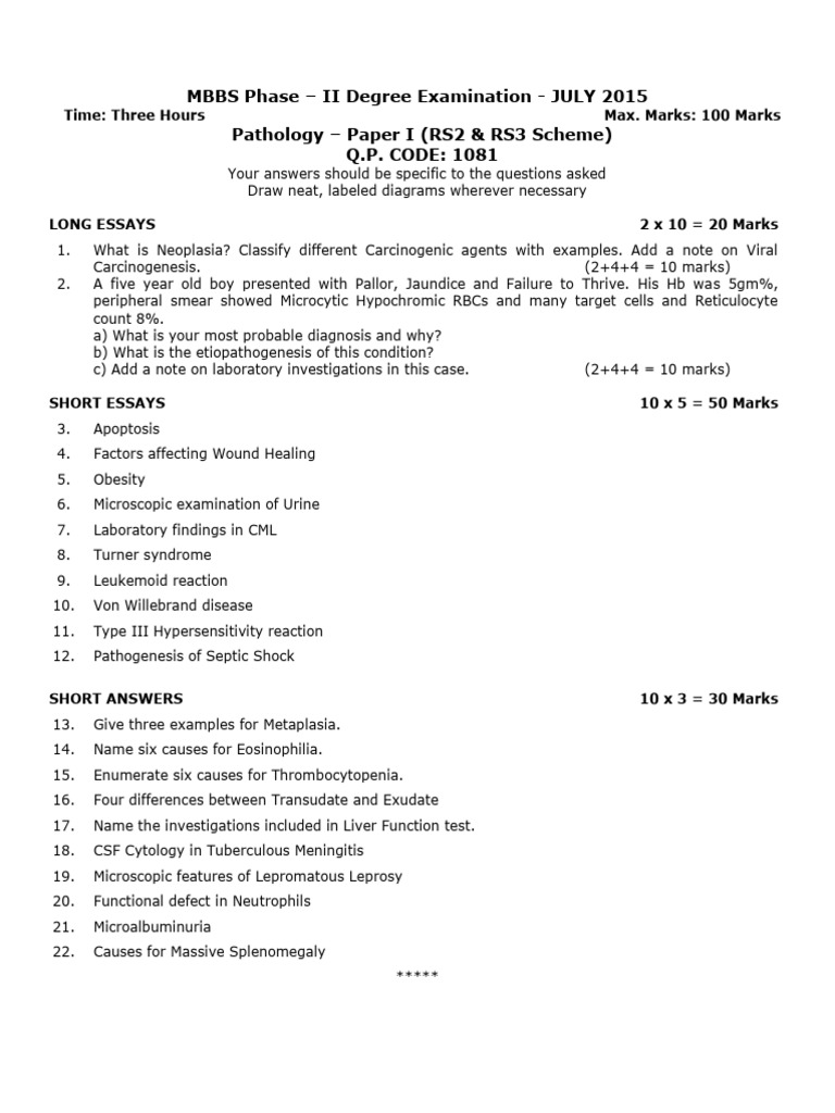 MBBS Pathology Exam Papers 2015-2016 | PDF | Anemia | Neoplasms