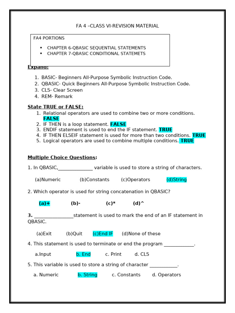 QBASIC Programming Revision Guide | PDF | String (Computer Science) | Basic