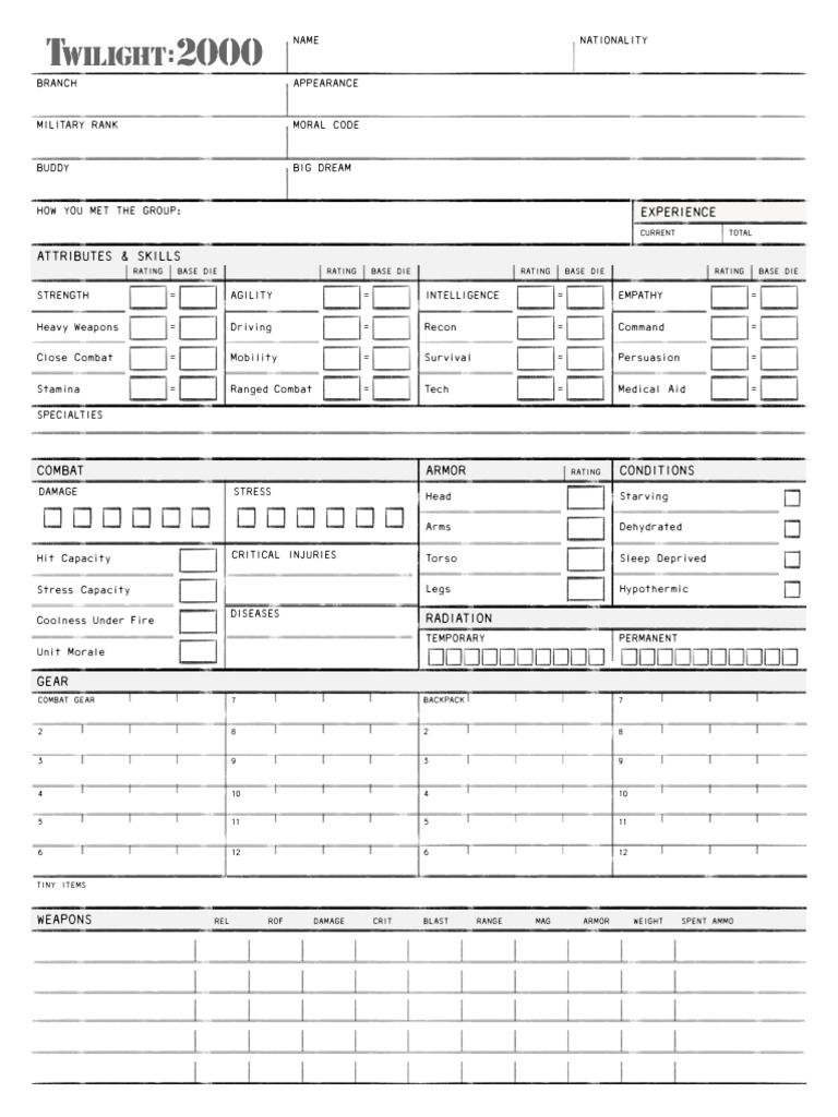 Twilight 2000 Character Sheet Template | PDF