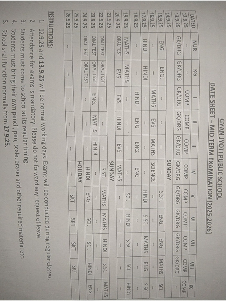 Datesheet For Mid Term Examination 2025 | PDF