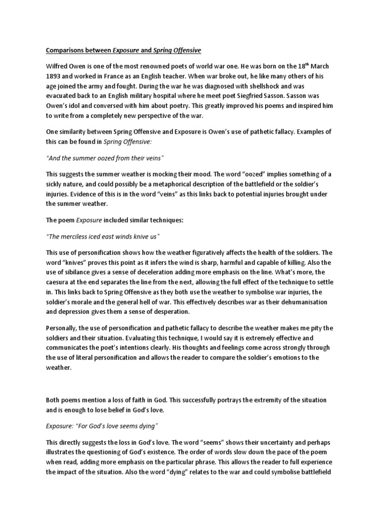 Comparisons Between Exposure And Spring Offensive Pdf Anthropomorphism Poetry