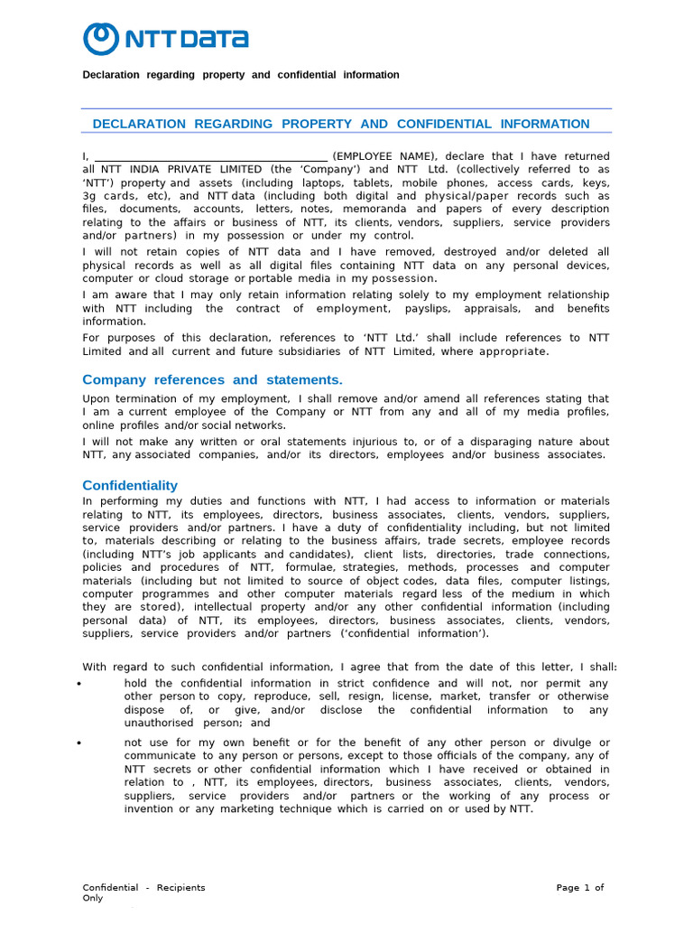 NTT Confidentiality Declaration Form | PDF | Confidentiality | Computer ...