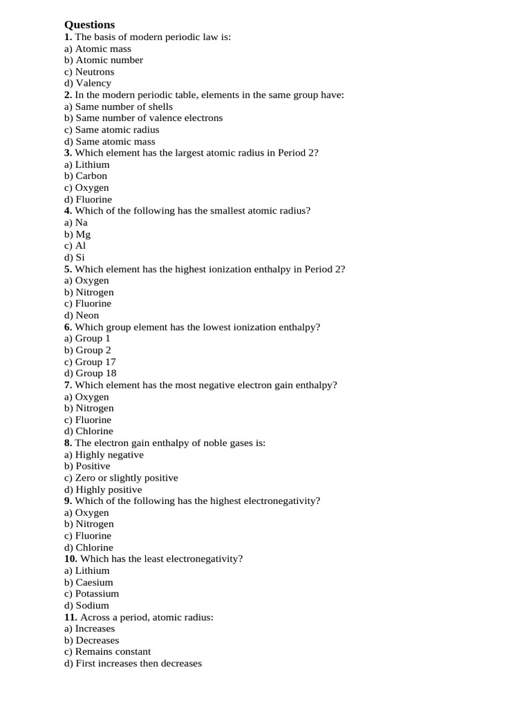 Periodic Table Quiz Questions & Answers | PDF | Periodic Table ...