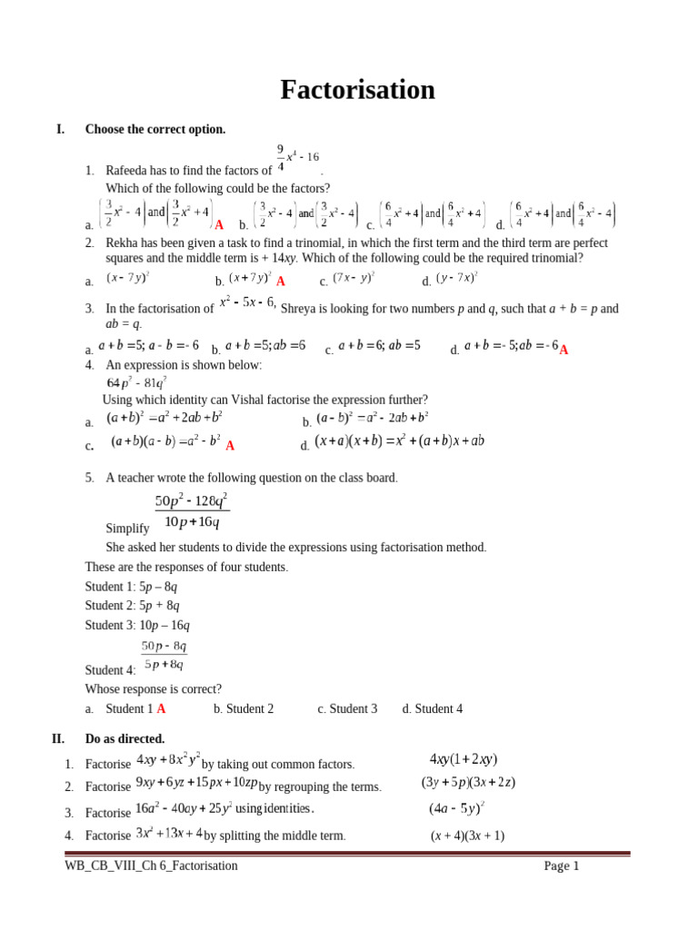 Class 8 Factorisation Worksheet | PDF | Factorization | Mathematics