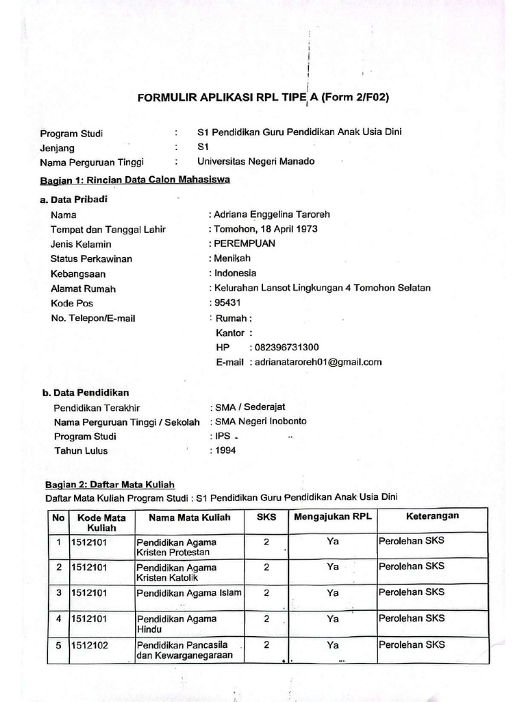 Formulir Aplikasi RPL Tipe A (F-02) | PDF