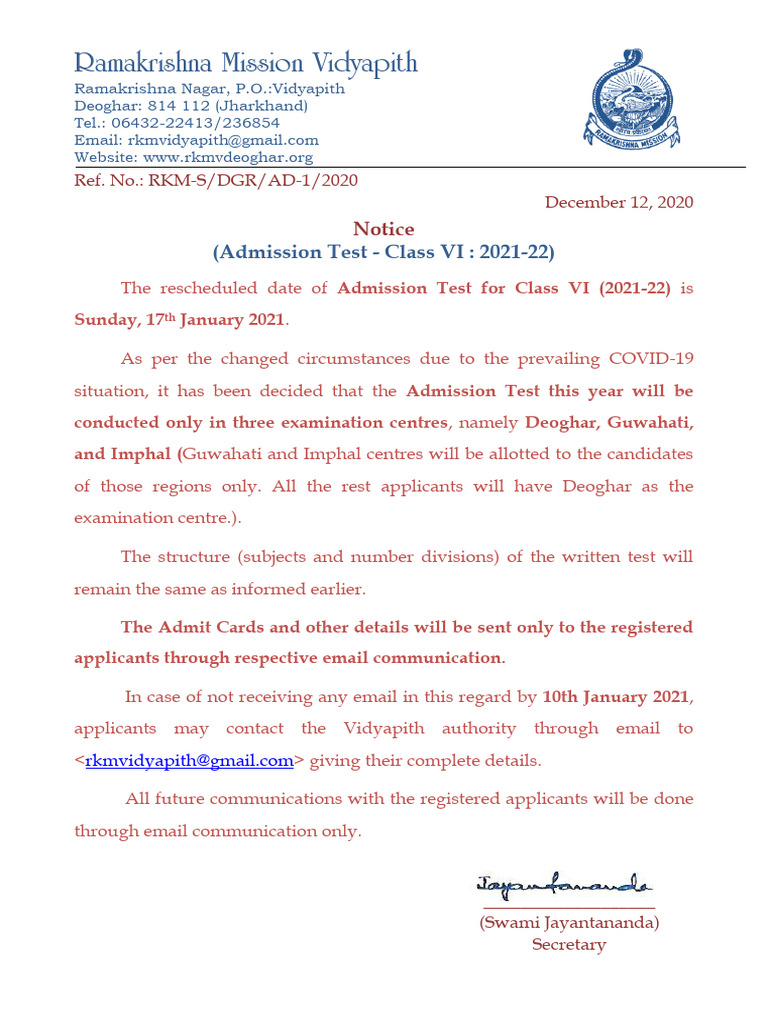 Class VI Admission Test Notice 2021-22 | PDF
