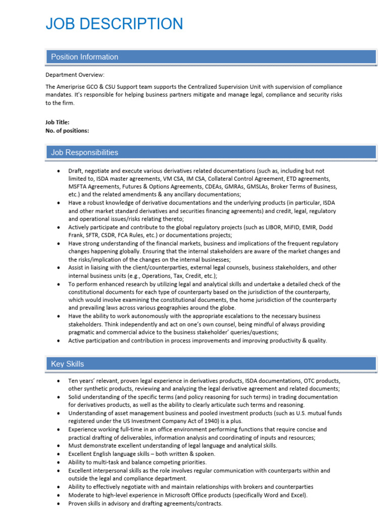 AMPF Job Description - Derivatives Documentation - Counsel | PDF ...