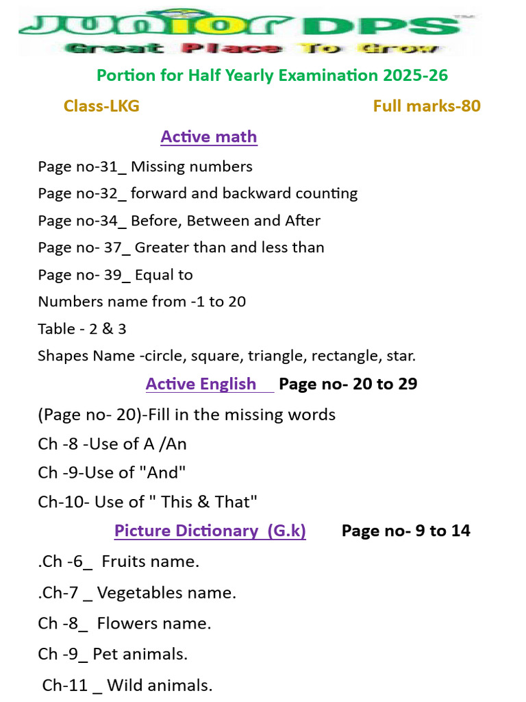 LKG Half Yearly Exam Portion 2025-26 | PDF