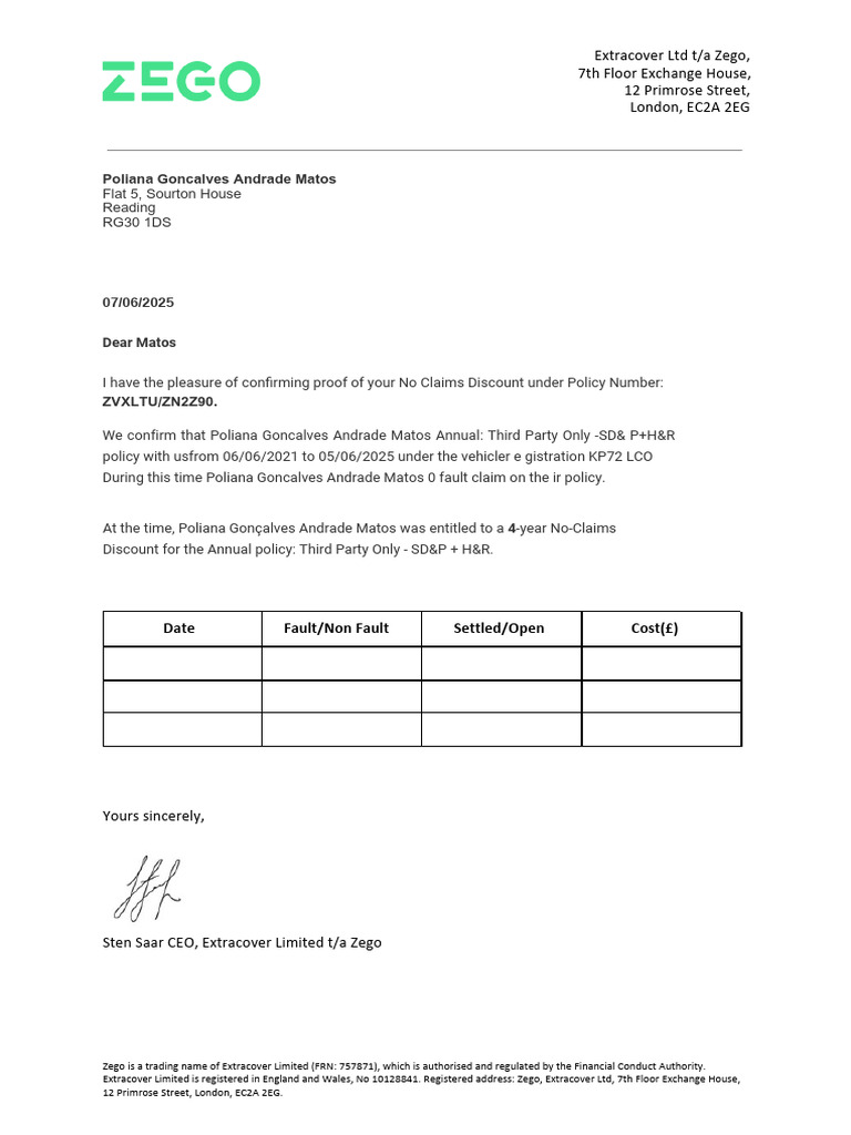 No Claims Discount Confirmation Letter | PDF