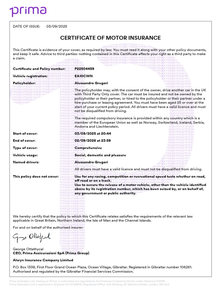 Comprehensive Motor Insurance Certificate | PDF | Insurance | Vehicle ...
