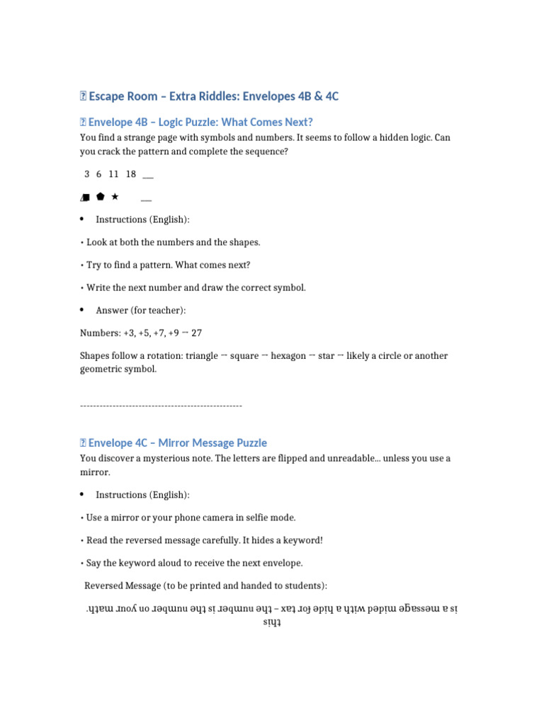 Escape Room Riddles: Envelopes 4B & 4C | PDF