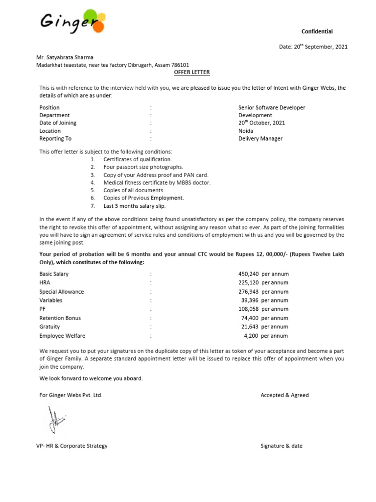 Senior Software Developer Offer Letter | PDF