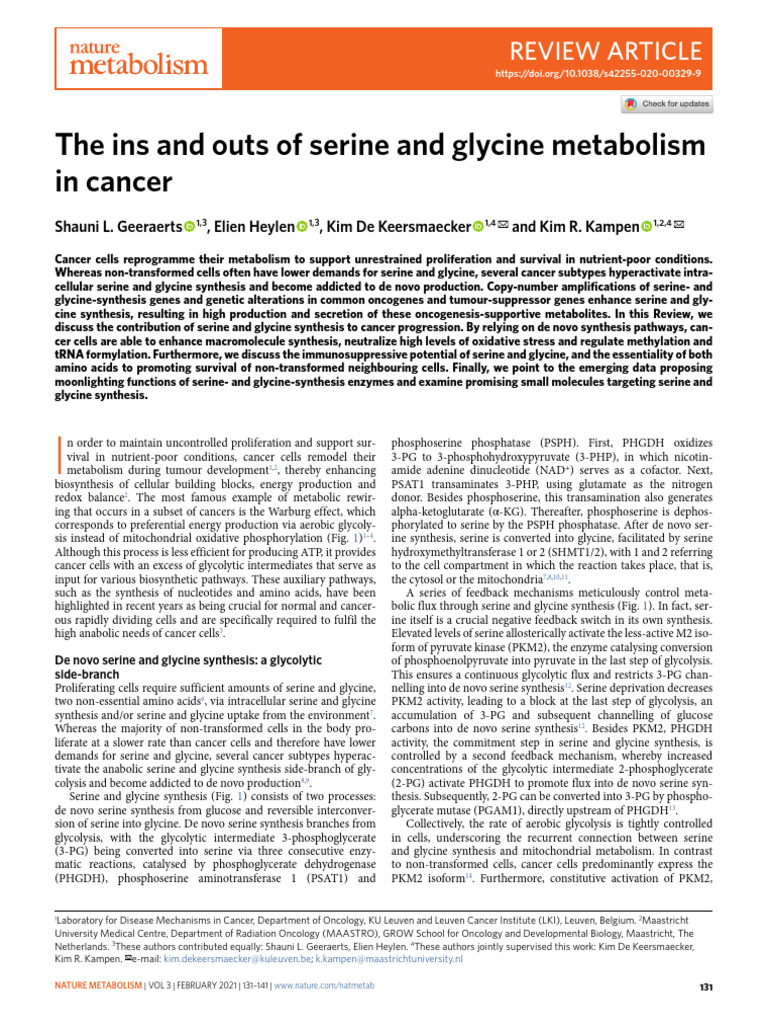 Serine and Glycine Metabolism in Cancer | PDF | Biosynthesis | Glycolysis