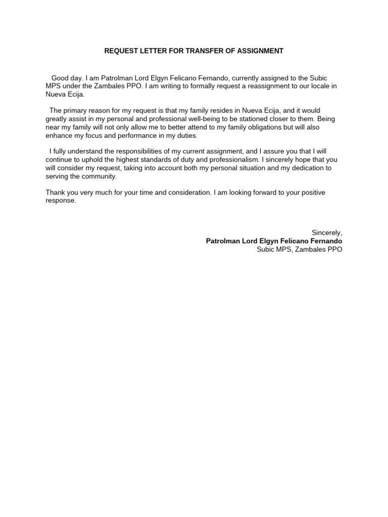 Request Letter For Transfer of Assignment | PDF