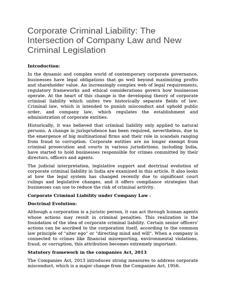Corporate Criminal Liability in India | PDF | Crimes | Crime & Violence