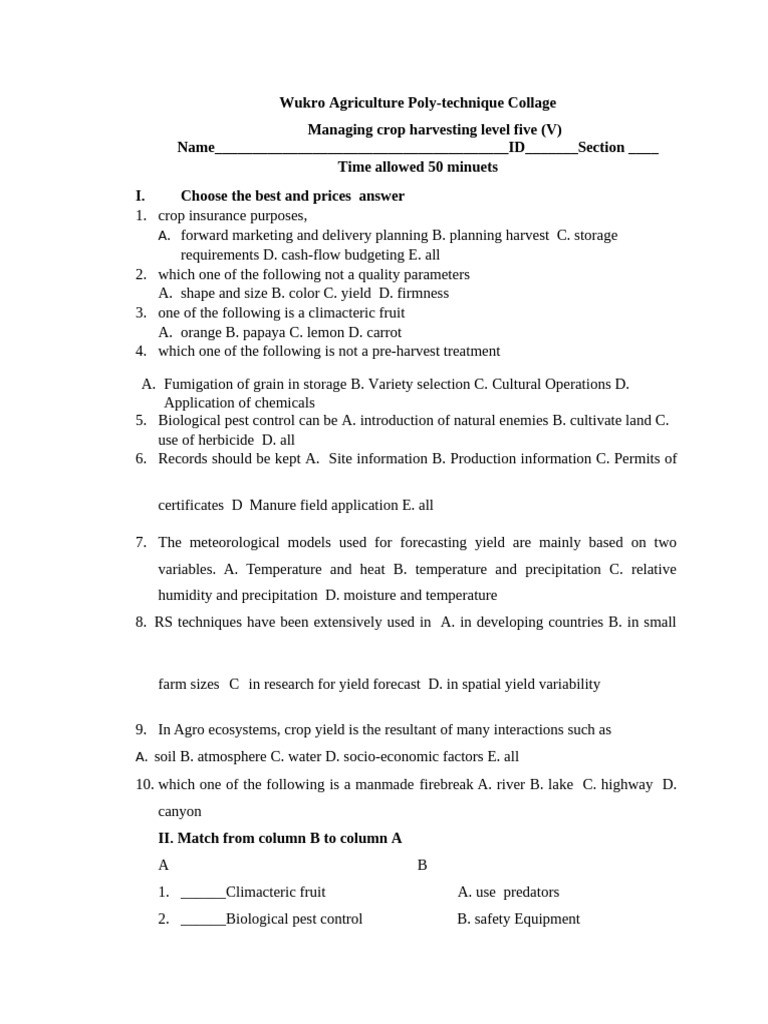 Crop Harvesting Management Quiz | PDF | Agriculture | Pest Control