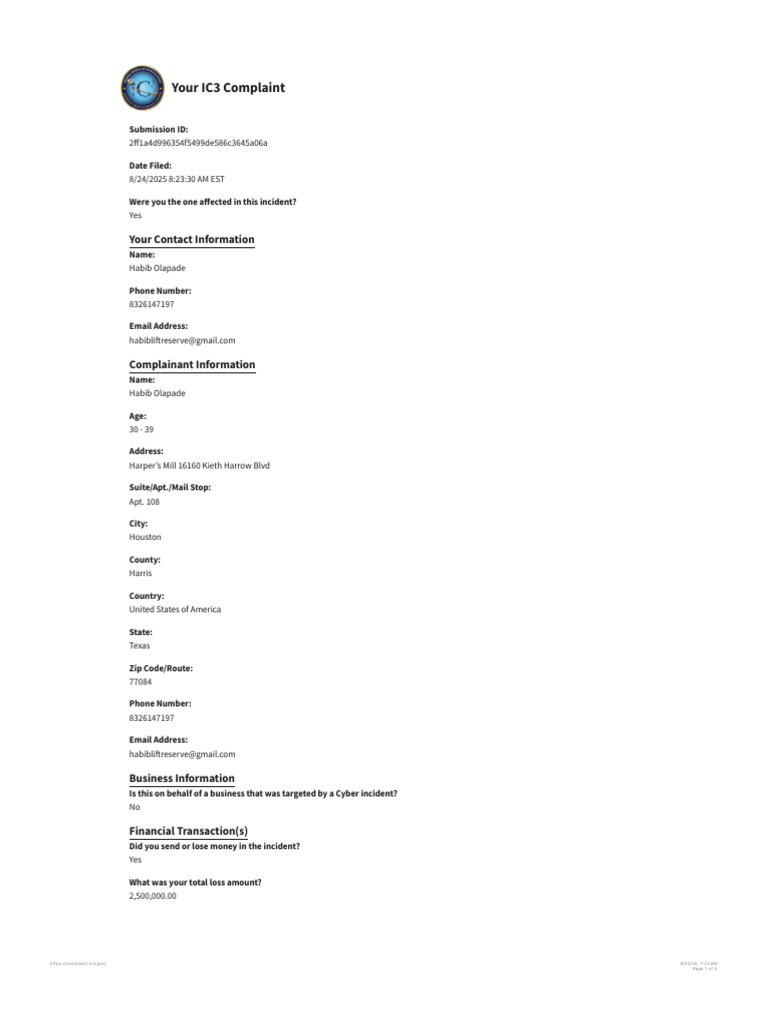 IC3 Complaint: Cyber Incident Loss | PDF | Title 18 Of The United ...