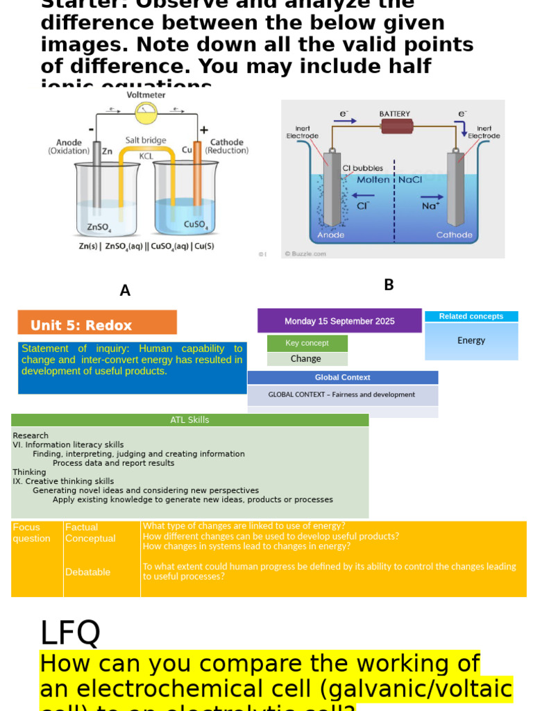 Compare Galvanic and Electrolytic Cells | PDF | Electrochemistry | Anode