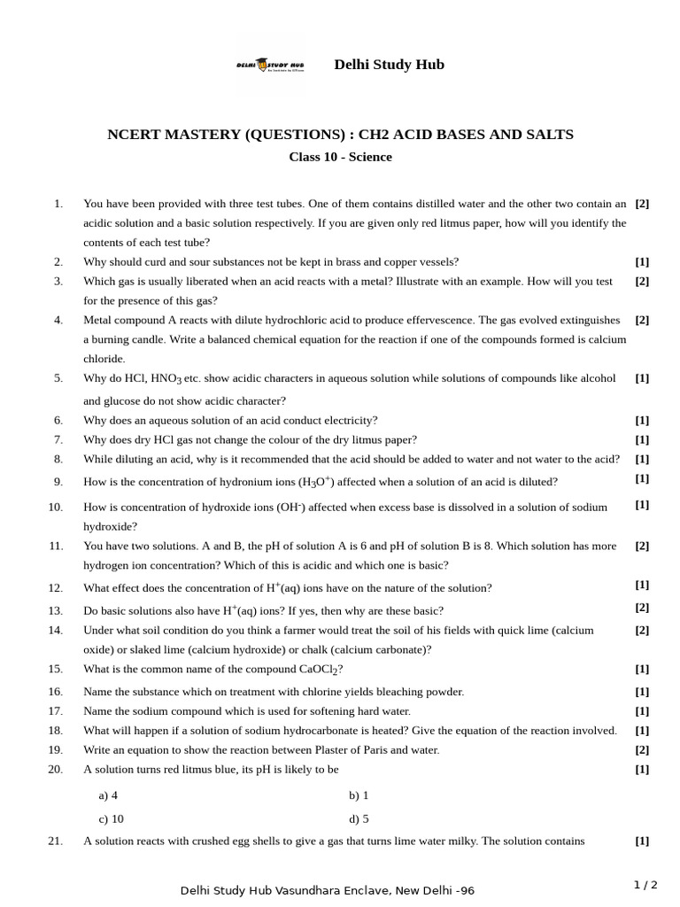 Class 10 Acid-Base Questions Guide | PDF | Acid | Hydrochloric Acid