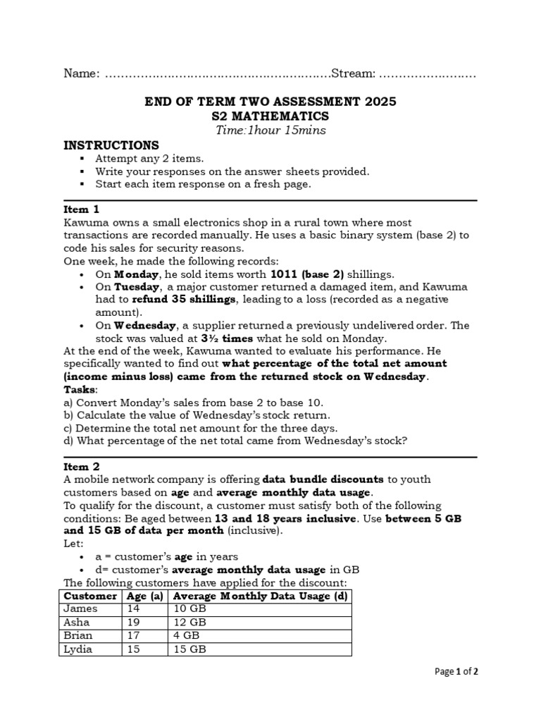 Term 2 Mathematics Assessment 2025 | PDF | Stocks