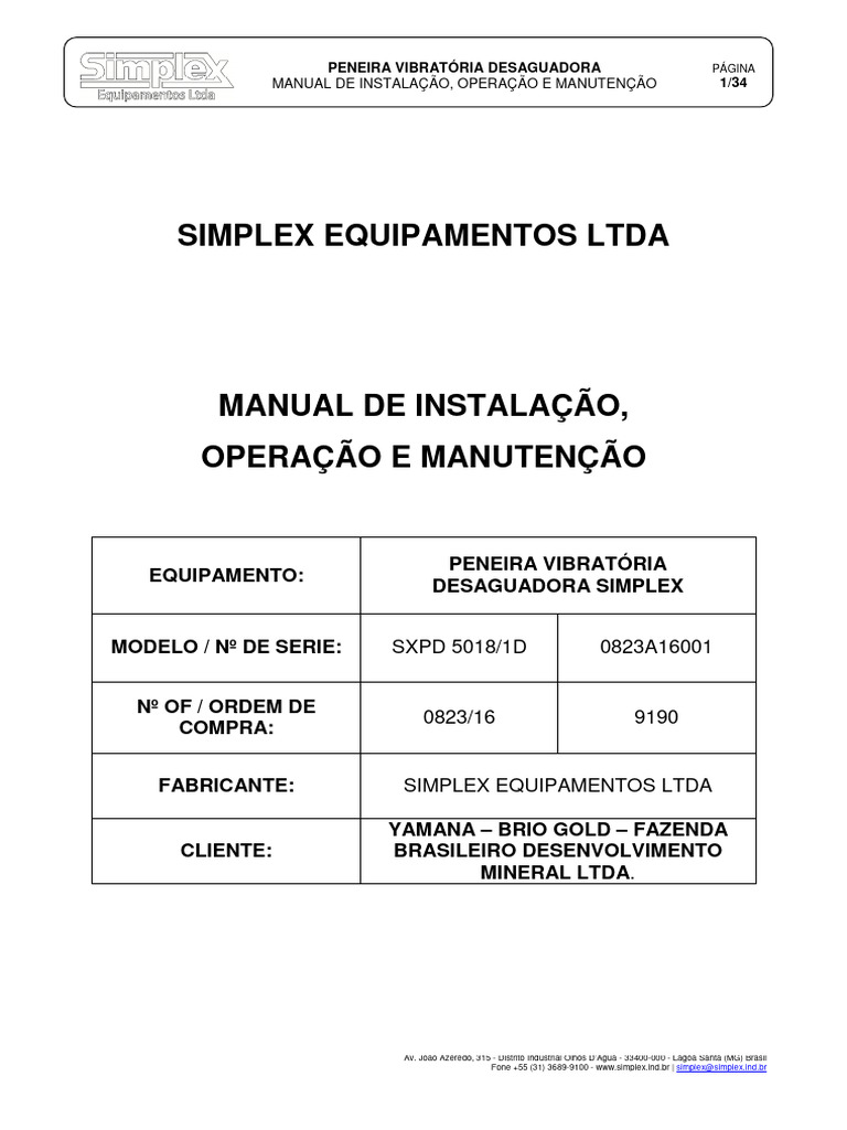 Manual da Peneira Desaguadora Simplex | PDF | Óleo de motor | Oscilação