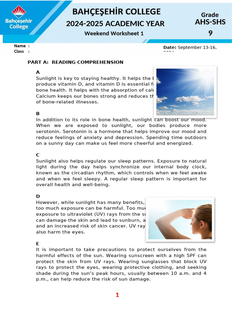 9 Ahs Shs Weekend Worksheet 1 1726128394 | PDF | Ultraviolet | Vitamin D