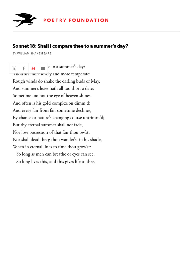 Sonnet 18 - Shall I Compare Thee To A Summer's - The Poetry Foundation ...