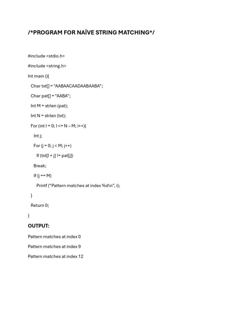 Naïve String Matching Algorithm Code | PDF