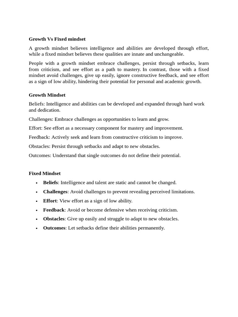 Growth vs Fixed Mindset Overview | PDF