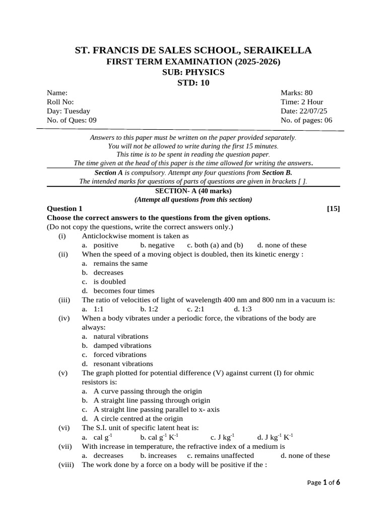 Physics Exam Paper for Class 10 2025-26 | PDF | Force | Heat