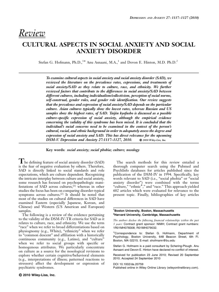 Cultural Influences on Social Anxiety Disorder | PDF | Social Anxiety ...