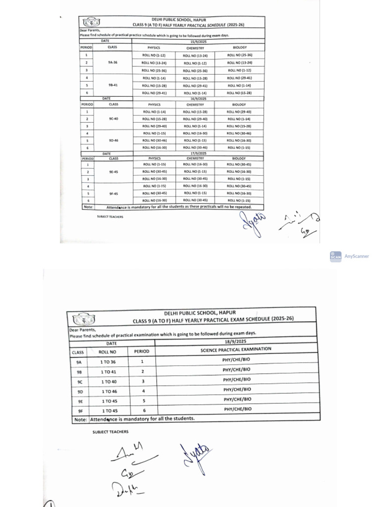 Science Practical Schedule 2025 | PDF