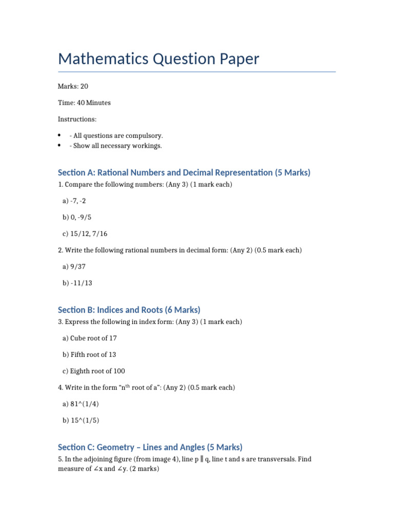 Mathematics Question Paper for Students | PDF