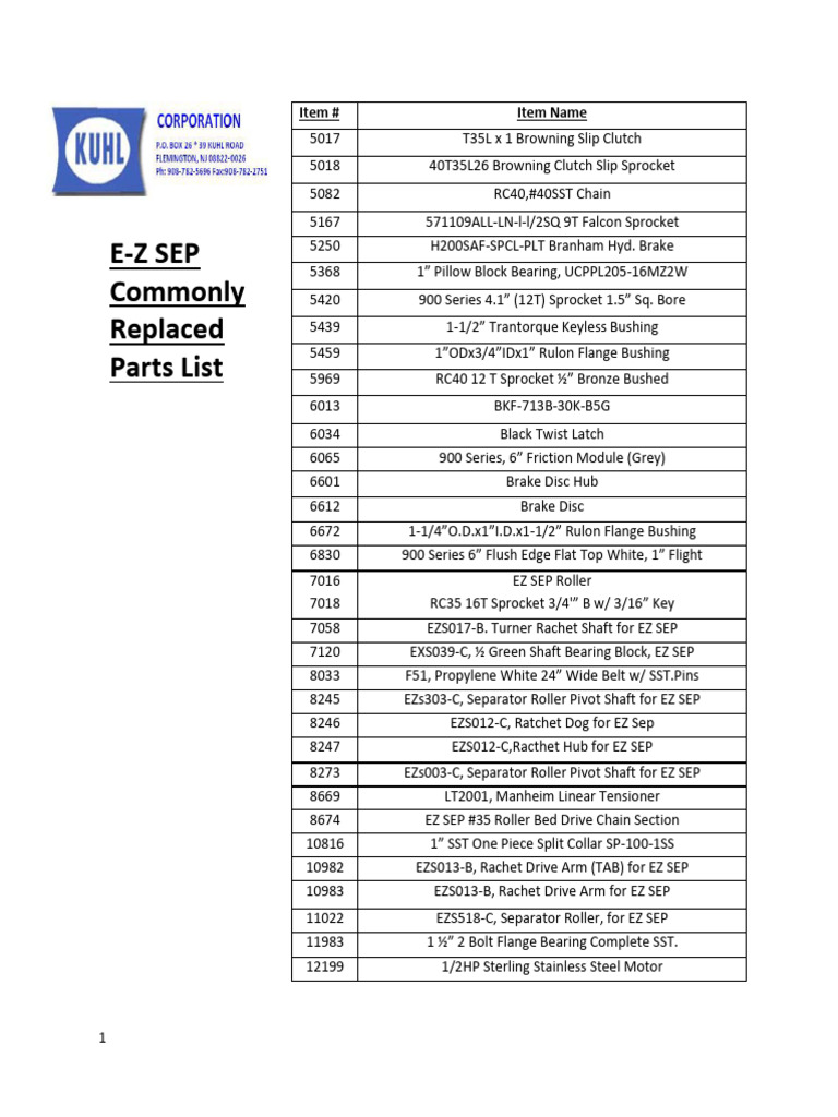 EZ SEP Parts List 2015 | PDF