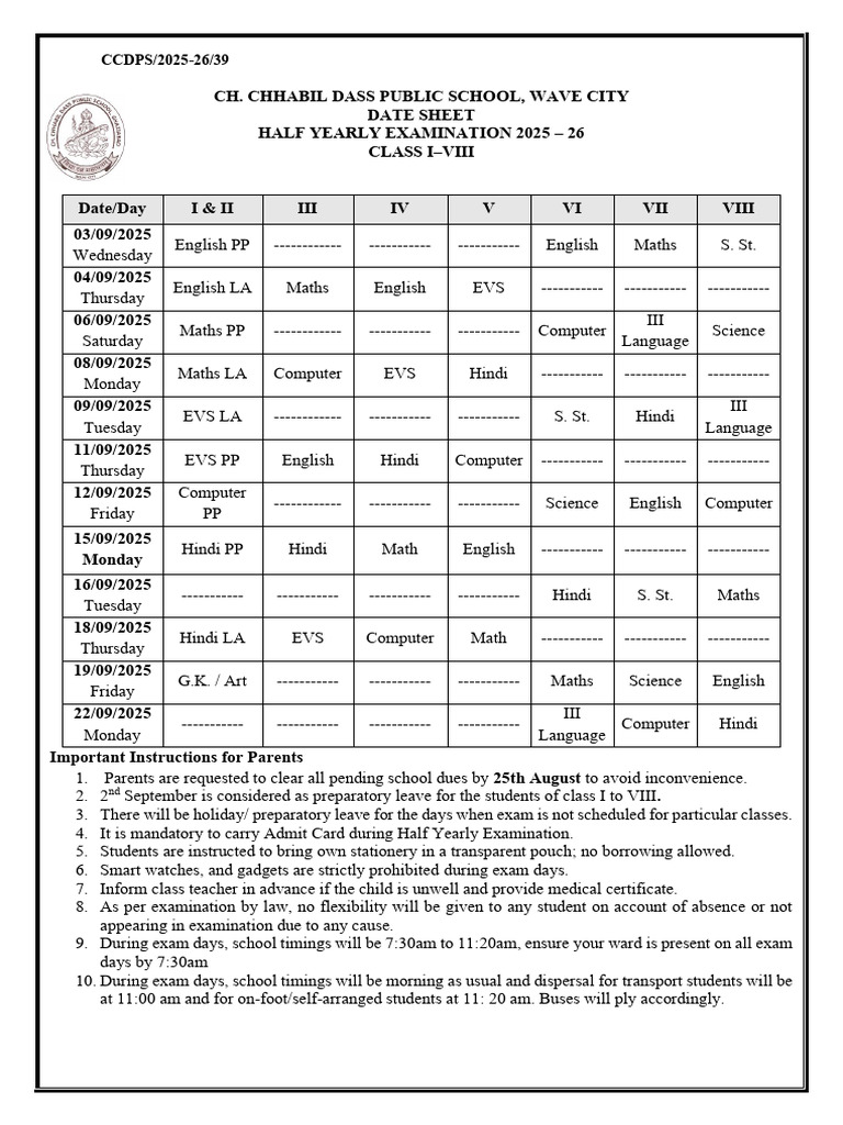 Half Yearly Exam Date Sheet 2025-26 | PDF | Chess Openings | Chess Theory