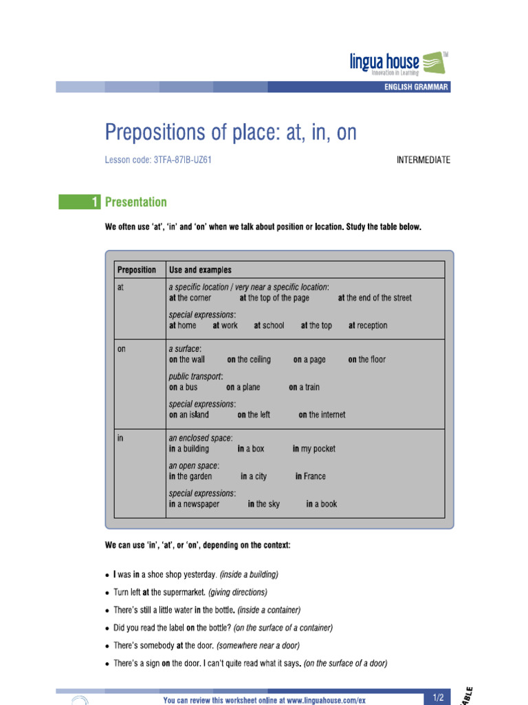 Prepositions of Place at in On EXPLANATION & PRACTICE | PDF
