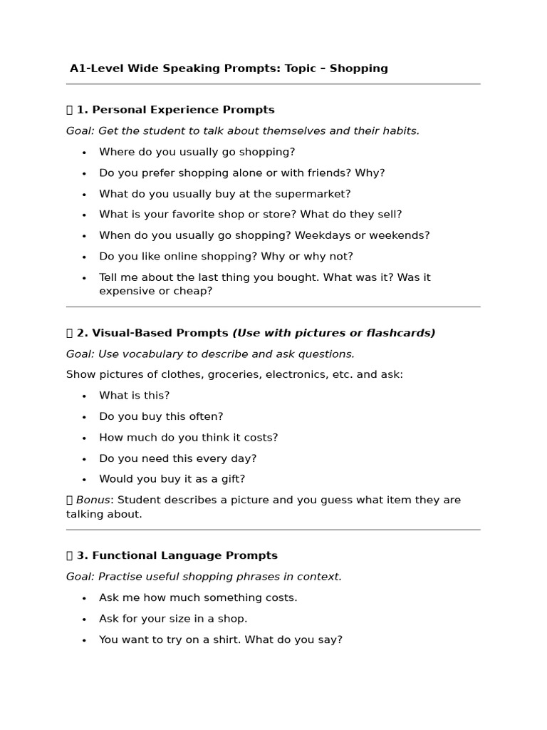 A1 Shopping Speaking Prompts | PDF