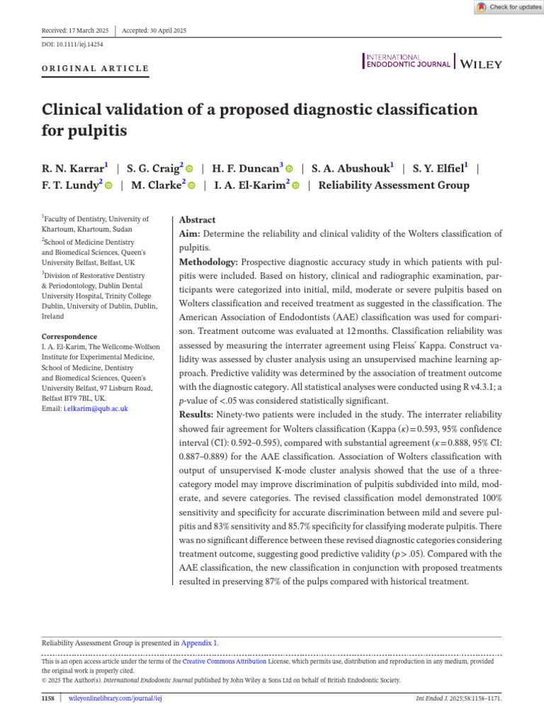 Validating Wolters Pulpitis Classification | PDF | Validity (Statistics ...